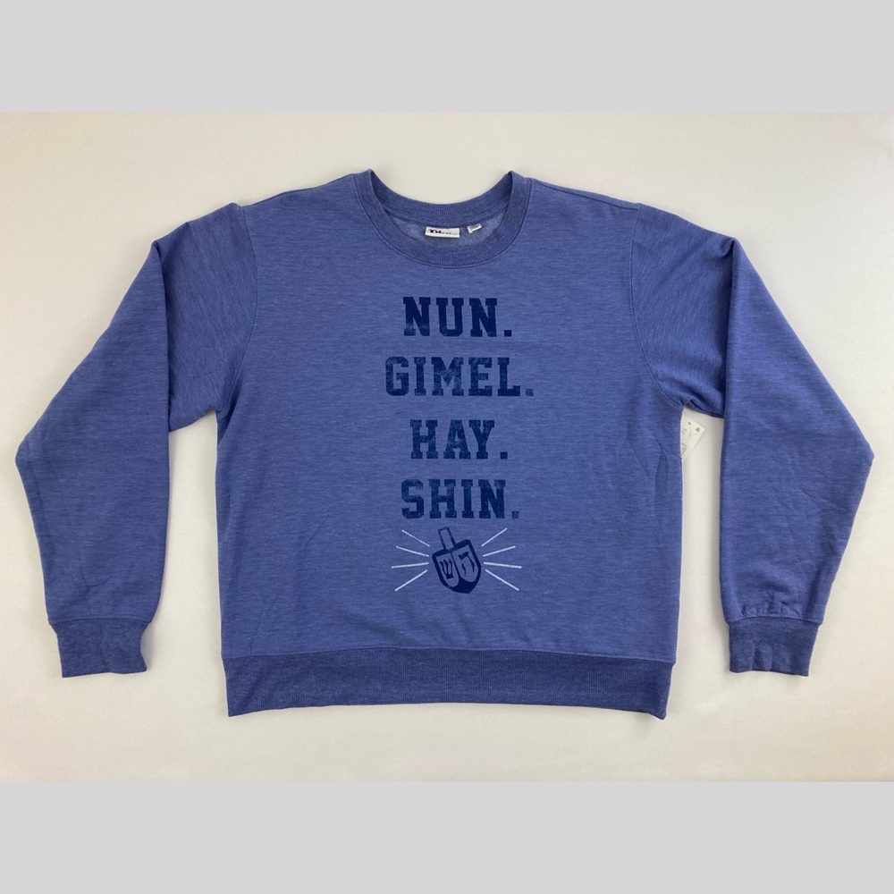 Doe Womens Blue Dreidel Holiday Hanukkah Nun Gimel Hay Shin Sweatshirt XL - Picture 2 of 10